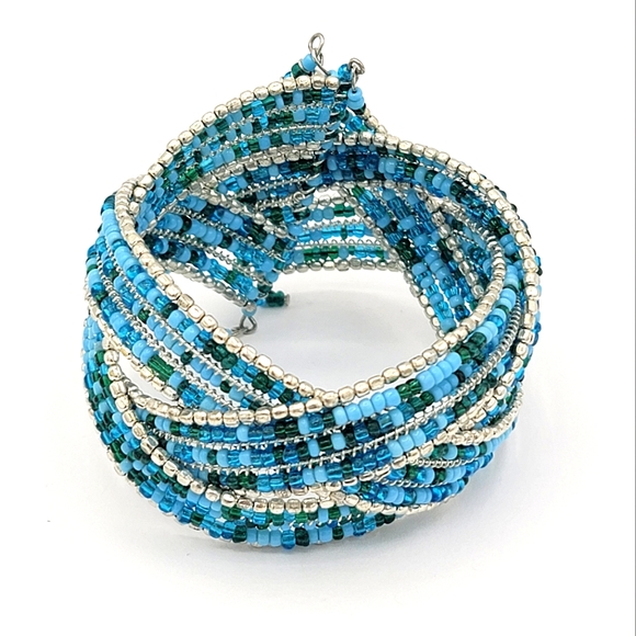 Wire Wrap Blue Seed Bead Woven Braided Wide Cuff Bracelet Vintage - Picture 5 of 8